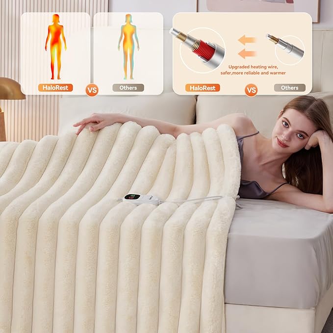 Heated Blanket King Size, Faux Fur Cozy Heating Blanket with Overheat Protection, 1/2/4/6/8 Hours Auto-Off 10 Heat Level, Machine Washable (90x100 Inches, Cream White)