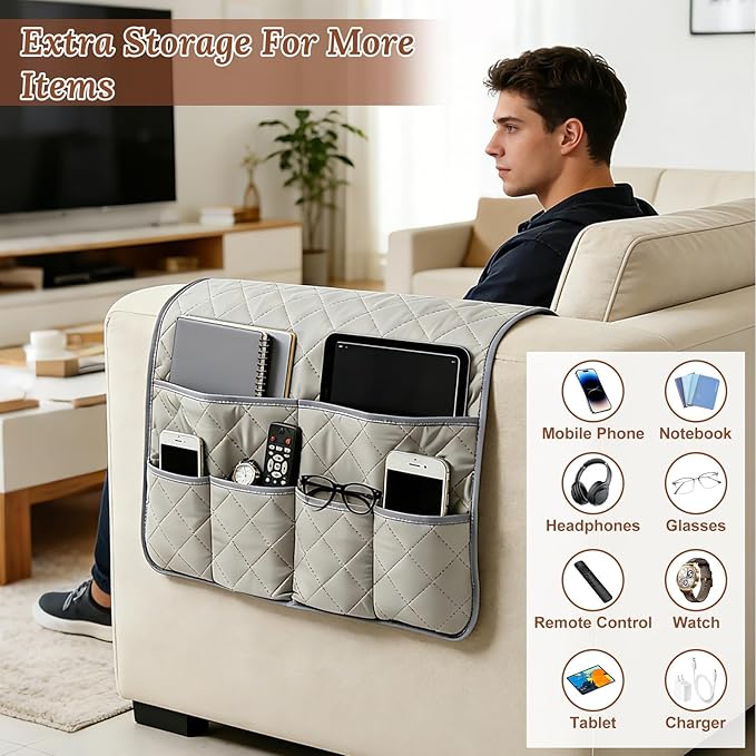 Sofa Armrest Organizer with 6 Pockets, Remote Control Holder for Recliner, Non-Slip Couch Sofa Chair Armrest Organizer, Armchair Caddy Bedside Storage for Magazine Book TV Phone iPad Tablett (Grey)