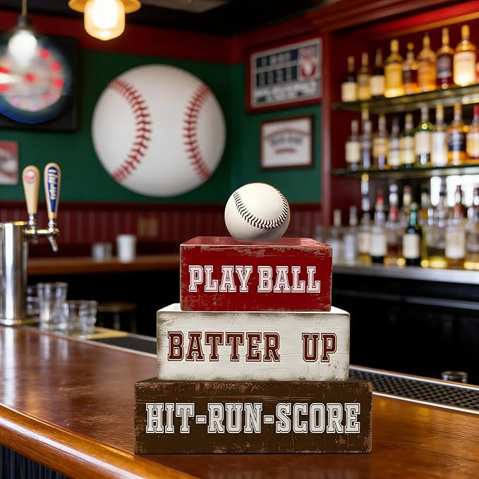4 Pcs Baseball Table Decorations Sports Wooden Desk Sign Baseball Tiered Tray Decor Tabletop Centerpiece for Birthday Party Home Bedroom Teens Room Mantel Shelf
