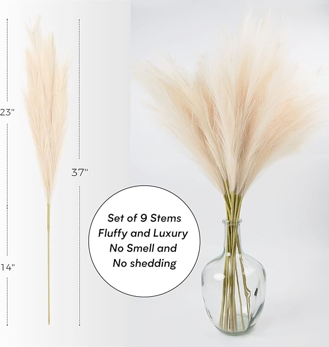 Faux Pampas Grass, 9 PCS 37''/3.1FT Tall Fluffy Fake Pompas Floral, Large Artificial Pompous Grass Branches for Floor Vase Fillers, Boho Farmhouse Room Wedding Decor