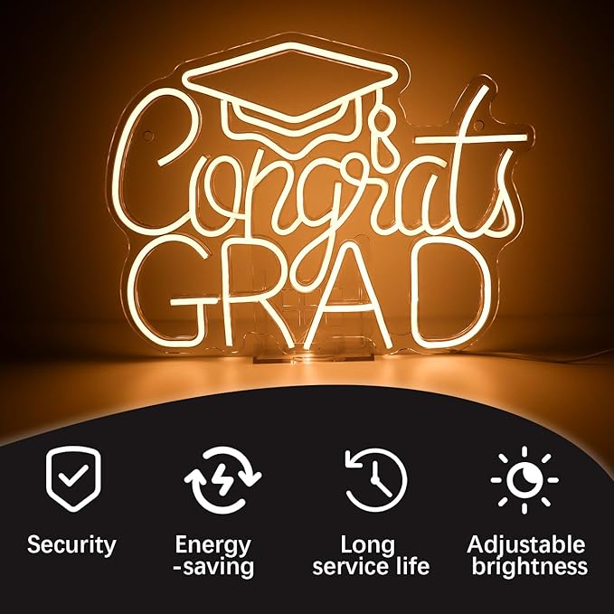 Congrats Grad LED Neon Sign, Graduation Party Decor, 16.5×12.6 Inch Warm White Grad Light Up Letters, Adjustable Congrats Graduation Sign, Dorm Room Backdrop, Celebration Gift for Class
