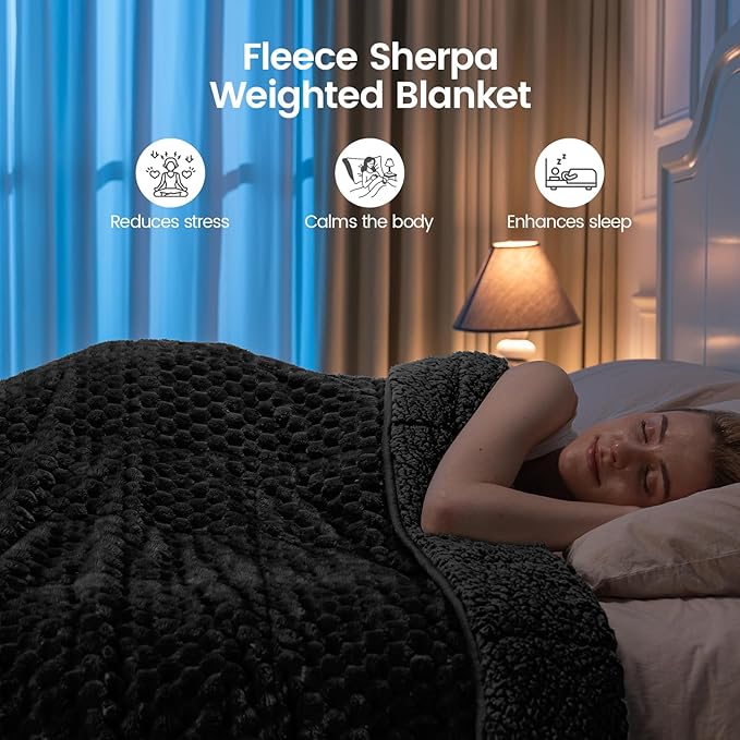 Super Fuzzy Soft Fleece Sherpa Weighted Blanket 15 lbs for Adults, 3D Imitation Turtle Shell Luxury Weighted Throw for Better Sleep, Dual Sided Cozy Heavy Blankets for Couch Bed, Black, 48" x 72"