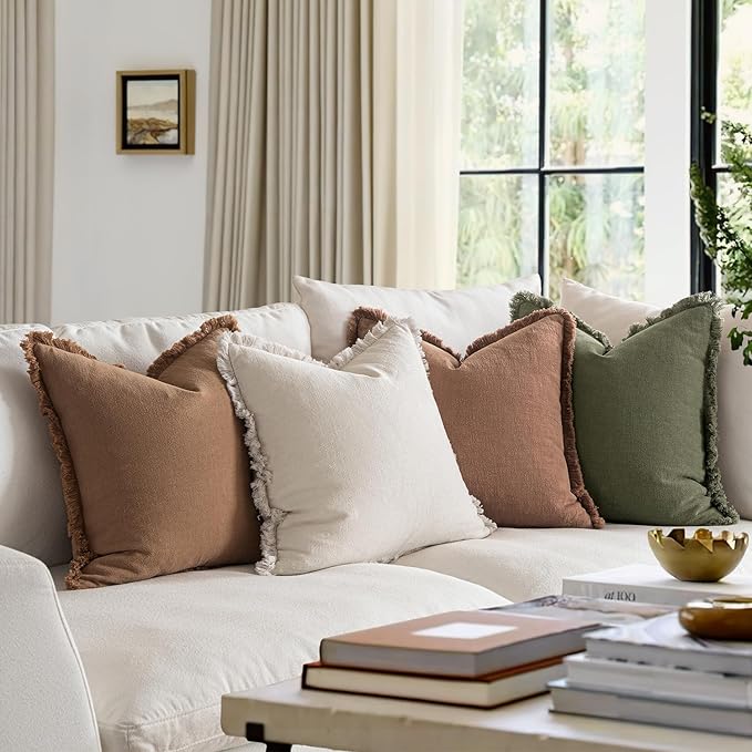 MIULEE Decorative Couch Pillow Covers Neutral Linen Fringe Throw Pillows Set of 4 Soft Rustic Cushions Boho Farmhouse Pillowcases for Bed Sofa Living Room Spring Decor 24x24 Inch Beige/Brown/Green