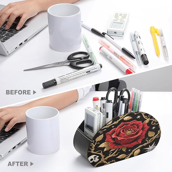 Peel And Stick Gothic Remote Control Holder Organizer Box with 5 Compartment PU Leather Bedside Storage Caddy Remote Organizer for Controller Media Player Pen/Pencil Storage