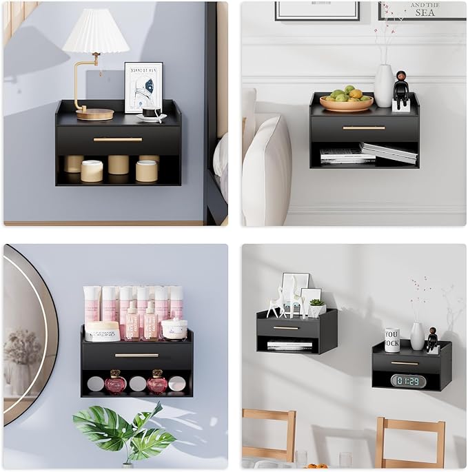 Bamboo Floating Nightstand with Storage Drawer and Modern Open Shelf Cubby，Bedroom, Living Room, Kitchen, Tool Room for use. (Black, Assembly)