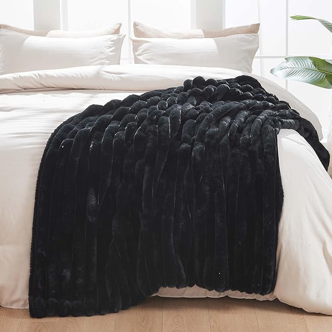 Lotus Karen Blanket for Bed Queen Size, Cozy Soft Fluffy Fuzzy Black Blanket, Striped Warm Thick Furry Plush Shaggy Large Blankets for Women, 90x90 Inches