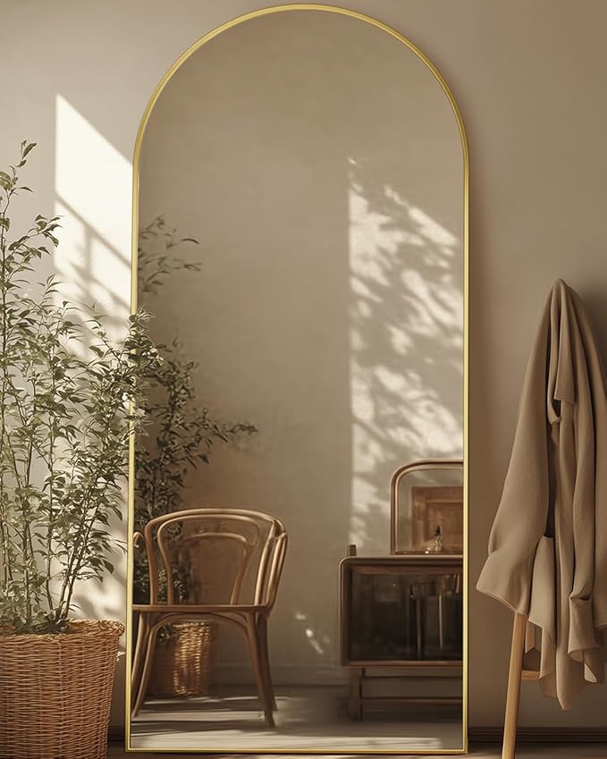 Antok Full Length Floor Mirror Arched Standing Mirror with Aluminum Frame - Freestanding Wall Mount Leaning Body Mirror for Bedroom Living Room Entryway, 64" L x 21" W, Gold