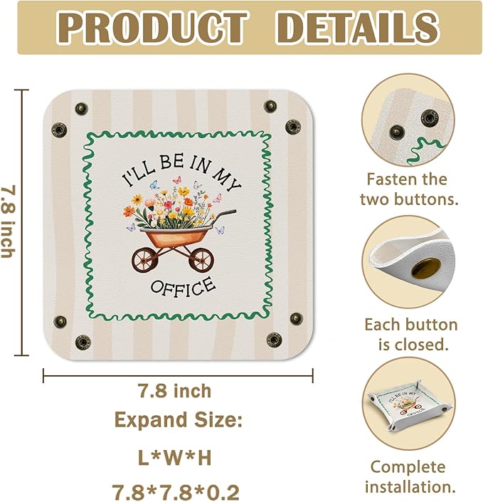 Gardening Gifts for Women Jewelry Valet Tray, PU Leather Catchall Beside Caddy Nightstand Organizer Tray for Jewelry Rings Watches Keys and Accessories, 7.87x7.87in