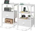 Nightstands Set of 2, Night Stands with Charging Station and Fabric Drawer PU Finish, Bedside Tables with Drawers, 2-Tier Side Table with Open Shelf, Nightstands with Charging Station,White