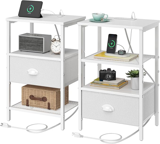 Nightstands Set of 2, Night Stands with Charging Station and Fabric Drawer PU Finish, Bedside Tables with Drawers, 2-Tier Side Table with Open Shelf, Nightstands with Charging Station,White