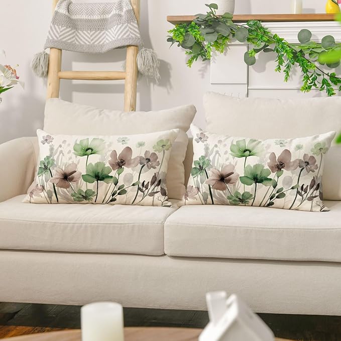 AVOIN colorlife Poppy Flowers Chinoiserie Throw Pillow Covers, 12 x 20 Inch Sage Green Brown Seasonal Leaves Cushion Case Decoration for Sofa Couch Set of 2