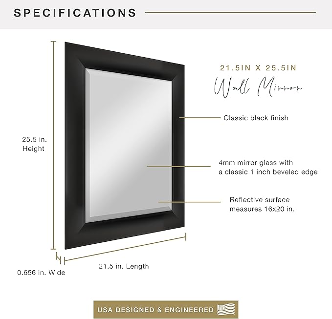 MCS Simplicity 21.5x25.5 Large Wall Mirror, Black & Beveled Detail Mirror, Vertical & Horizontal Wall Hanging Mirror for Bathroom, Bedroom & Livingroom