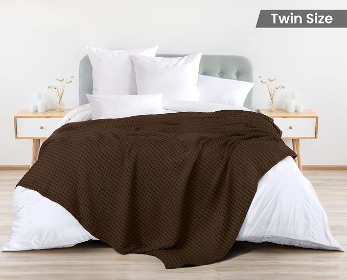 Utopia Bedding Brown 100% Cotton Waffle Blanket 300 GSM [Twin - 90x72 Inch] Soft Lightweight Breathable Bed Blanket for All Season