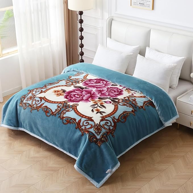JYK Korean Style Mink Fleece Blanket Queen Size 75" x 87", 5 Pounds - 2 Ply Reversible Silky Soft Plush Warm, Comfy Blanket for Spring Autumn, Winter as Home Decor - Blue/Purple Peony