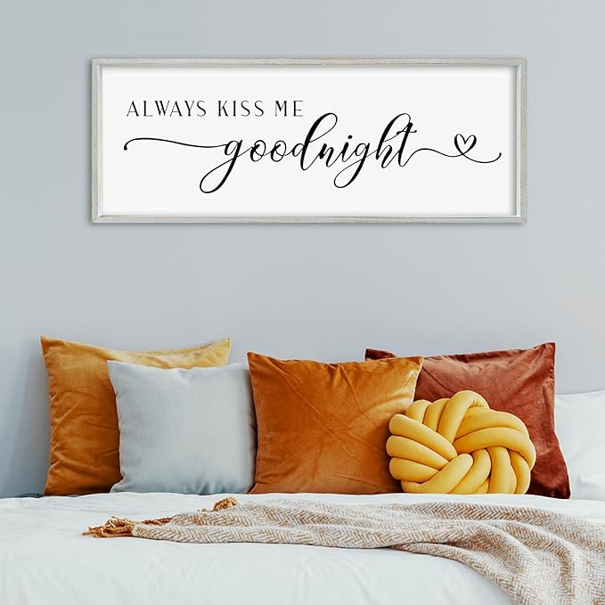 comurdyo Romantic Couple Always Kiss Me Goodnight Sign 40"×15" for Large Modern Rustic Love Theme Master Bedroom Above bed Wood Frame Horizontal Hanging Wall Art Decor (White)