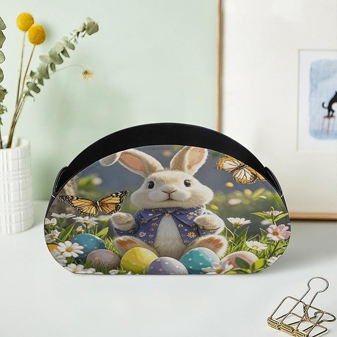Easter Bunny Spring Butterfly Remote Control Holder Organizer Box with 5 Compartment PU Leather Bedside Storage Caddy Remote Organizer for Controller Media Player Pen/Pencil Storage