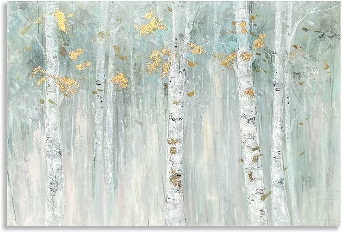 Yihui Arts Birch Tree Canvas Wall Art with Gold Foil - Abstract Forest Paintings with Textured - Green Landscape Pictures for Living Room Bedroom Bathroom Decor