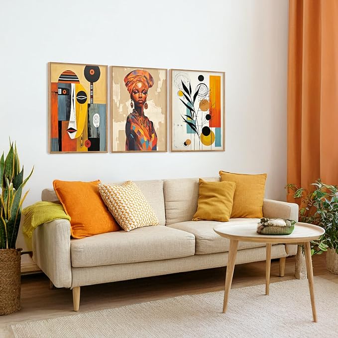 CHDITB Boho Abstract Black Woman Framed Canvas Wall Art, Orange African Artwork Ethnic Minimalist Portrait Murals Wall Decor, Vintage Geometric Aesthetics Art Prints For Bedroom Living Room-12X16 Inch