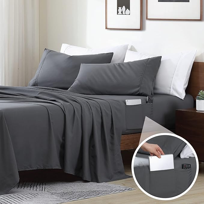 Swift Home Smart Sheets, Ultra Soft Brushed Microfiber 3-Piece Sheet Set, Fitted Bed Sheet with Side Storage Pockets – Grey, Twin