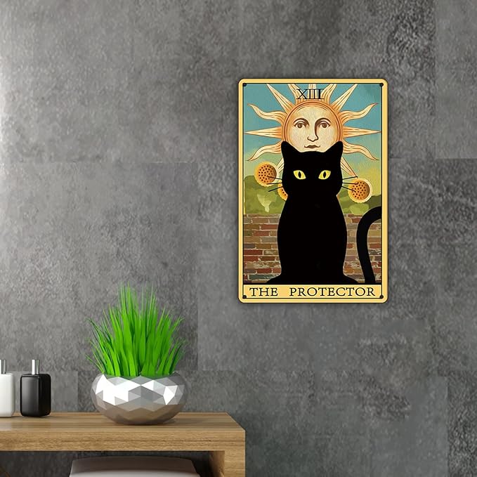 QIONGQI The Protector Tarot Cat Metal Tin Sign Wall Decor Farmhouse Rustic Black Cat Tarot Signs for Cat Lovers Home Decor Gifts