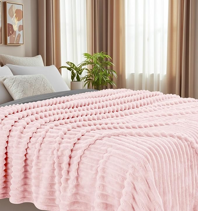 Utopia Bedding Pink Striped Fleece Blanket Queen Size – Fluffy, Warm & Lightweight Ribbed Throw for Bed, Sofa & Chair - Soft Cozy Blanket for Home Décor & Gifting (90x90 Inches)