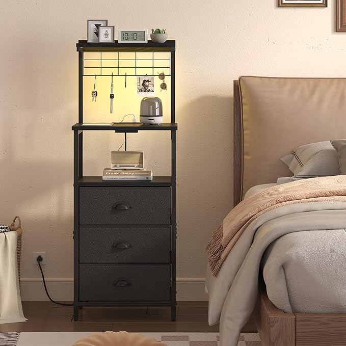 Bedside Tall Nightstands with Charging Station, LED Bedside Table for Bedroom - 3 PU Fabric Drawers, Hooks, Black