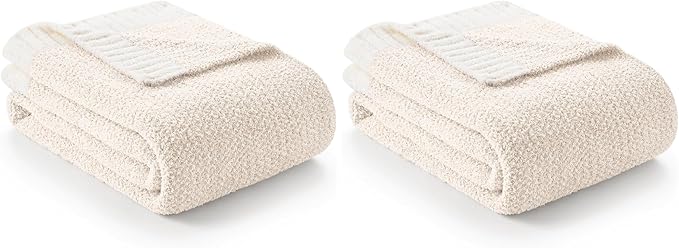 Snuggle Sac Buttery Ivory Throw Blanket for Couch, Reversible Super Soft Knitted Blankets, Warm Cozy Knit Fuzzy Plush Lightweight Throws Dupes for Sofa, Bed, Picnic, Ivory, 50 x 60 inches (Pack of 2)