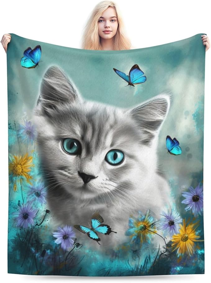 Cute Cat with Blue Butterfly Throw Blanket - Ultra Soft Cozy Fleece Kitten Blanket for Girls, Women & Kids - 40"x50" Cat Lover Gifts