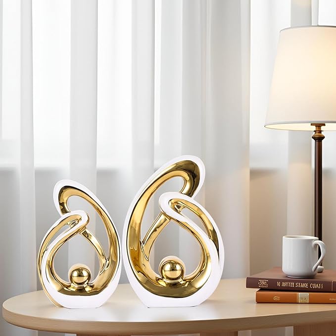 Home Decor Accent,Porcelain Art Mid Century Bookshelf Decorations,Gold Centerpieces for Tables,Abstract Ceramic Statue Sculpture for Coffee Table Mantel Tv Stand Centerpieces (White Gold, Small)