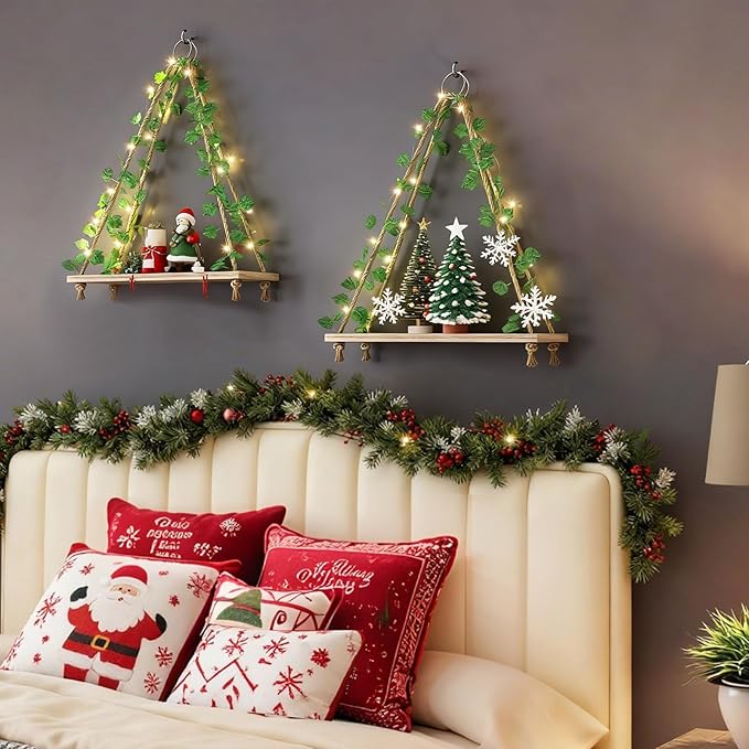 Fixwal Artificial Ivy LED-Strip Floating Shelves Set of 3, Macrame Hanging Shelves Plant Wall Decor, Rustic Boho Wood Wall Storage Shelves for Bedroom, Living Room, Bathroom Decor (Rustic Brown)