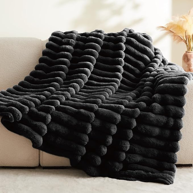 BEDELITE Faux Fur Throw Blanket for Couch, Soft and Cozy Luxurious 3D Striped Fluffy Blanket, 770GSM Thick Warm Plush Fuzzy Faux Rabbit Fur Blanket for Women Gift (Black, 60"x 80")
