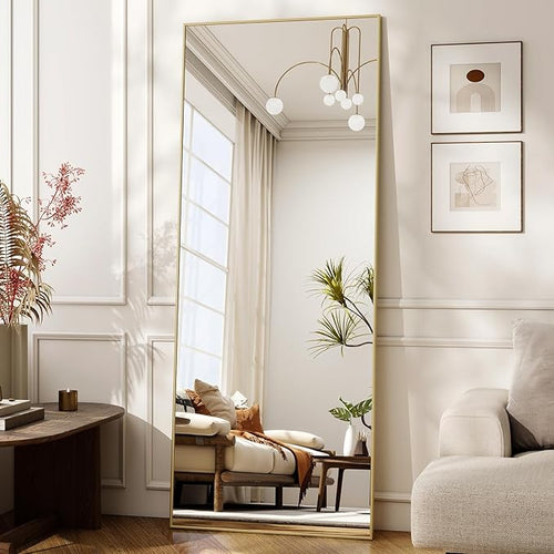 56" x 21" Full Length Mirror with Stand, Standing/Leaning/Wall Mounted Full Body Floor Mirror for Bedroom, Living Room, Entryway, Cloakroom with Aluminum Alloy Frame Gold