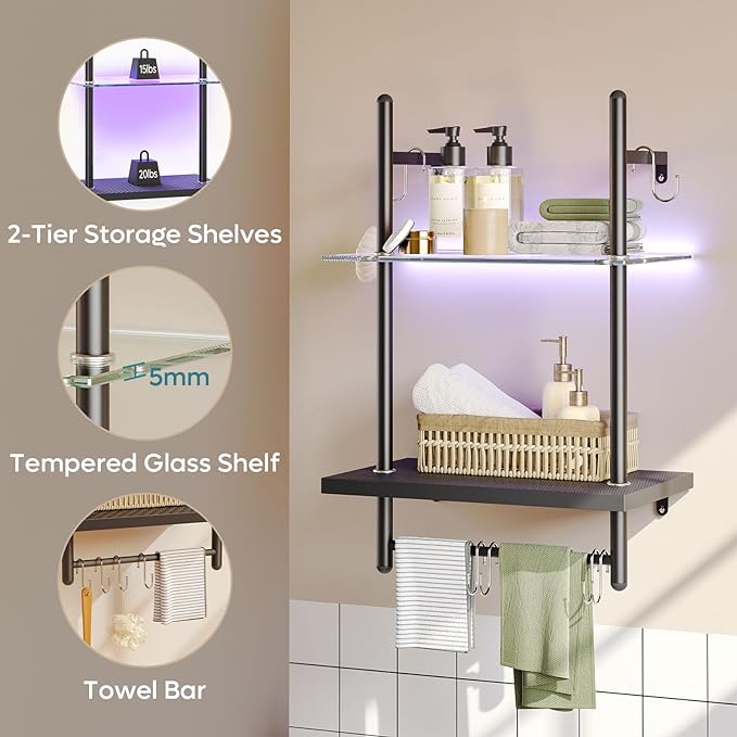 Bestier LED Gaming Floating Shelves for Wall, 15" Wall Mounted Shelf Pipe Glass Shelves, 2 Tier Hanging Display Rack with 6 S-Hooks Towel Bar, Gaming Room Decor Shelf, Carbon Fiber Black