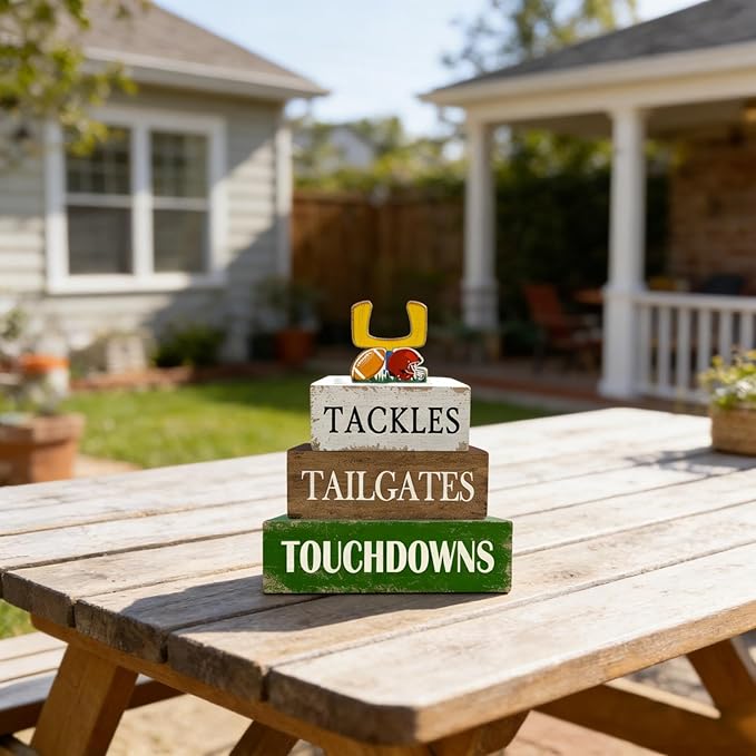 4 Pcs Football Table Decorations Wooden Football Tiered Tray Decor Sport Game Centerpiece Block Sign for Tailgate Birthday Party Tabletop Desk Shelf Mantel Fireplace Home Decor