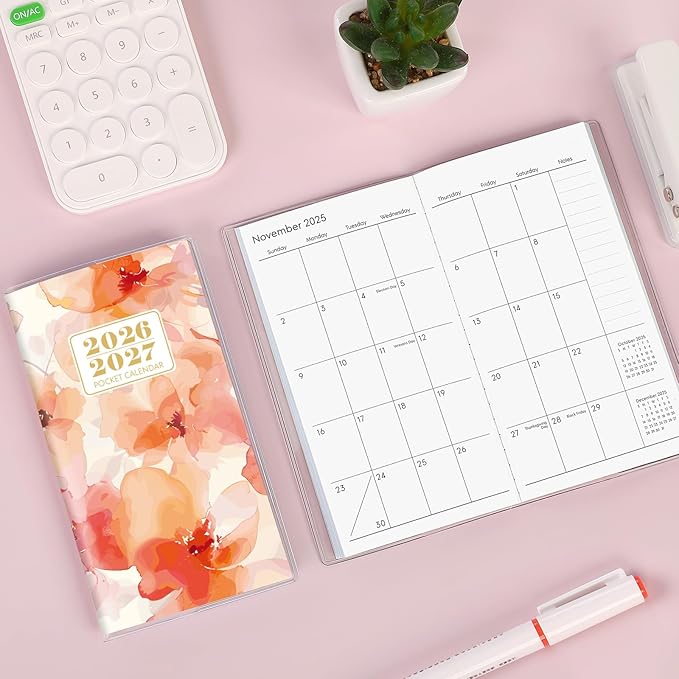 Pocket Calendar 2026-2027, Orange 2026-2027 Monthly Planner - 3.7" x 6.7" - Runs from January 2025 Until December 2027, 2026 Pocket Calendar with PVC Cover for Home, School, Office Supplies