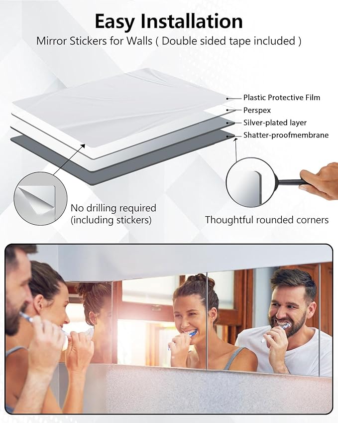 Shatterproof Peel and Stick on Mirror Tiles for Wall Decorative, 4 pcs 8”x8” Unbreakable Small Mirrors for Wall Classroom Decor, Toddlers Mirror for Kids Bedroom, Plastic Door Adhesive Mirrors