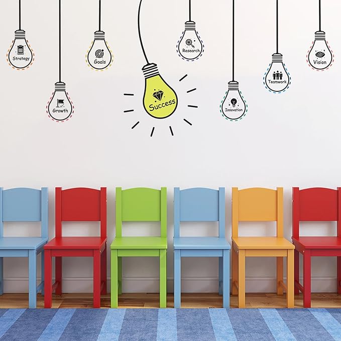 HLNIUC Large Size Positive Words Wall Decal 22PCS Success Teamwork Wall Sticker Minimalist Inspirational Lettering Artwork Motivational Saying Art Sticker Light Bulb Themed Wall Decals for Classroom