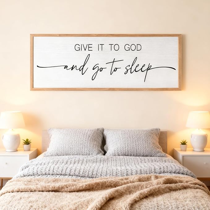 Give It to God and Go to Sleep Decorative Rustic Sign & Plaque Framed Wall Art for Couples, 40''×15'' Vintage Cottagecore Wooden Horizontal Wall Decor Above Bed, Farmhouse Wedding Gift for Bedroom
