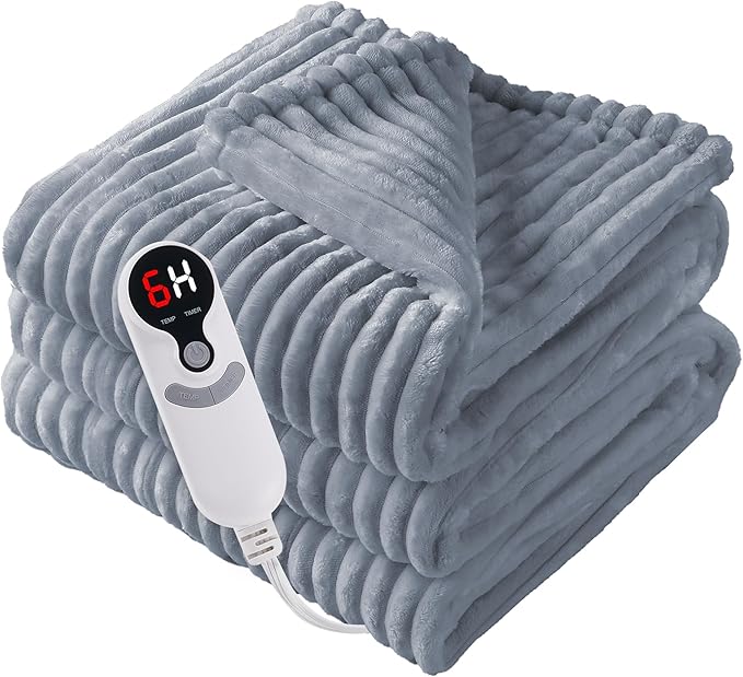 Electric Heated Blanket Twin Size 62"x84" with Cozy Flannel, 6 Heat Settings & 10 Hours Auto Off, Soft & Cozy Warming Throw for Home, Office, or Bed, Machine Washable, Grey