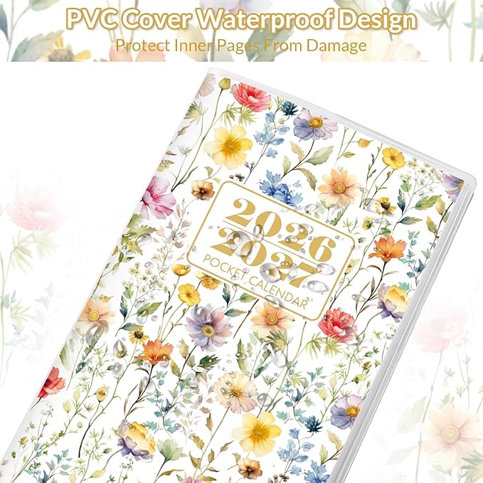 Pocket Calendar 2026-2027, Floral 2026-2027 Monthly Planner - 3.7" x 6.7" - Runs from January 2026 Until December 2027, 2026 Pocket Planner with PVC Cover for Student, Women, Office Supplies