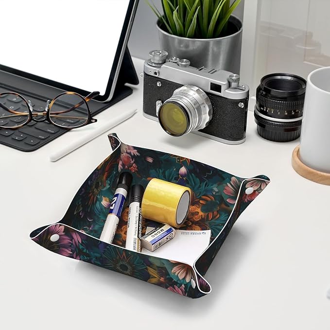 Mandala Flowers Tray Men's Leather Valet Parking Portable Entrance Trays Bedside Storage Box