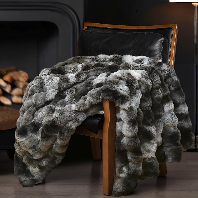 PHF Luxury Faux Rabbit Fur Throw Blanket, Ultra Soft Fluffy Plush Cozy Warm Bubble Blanket for Bed, Couch, Sofa Decorative, Thick Reversible Suitable for Fall & Winter, 50" x 60", Tie Dye Charcoal