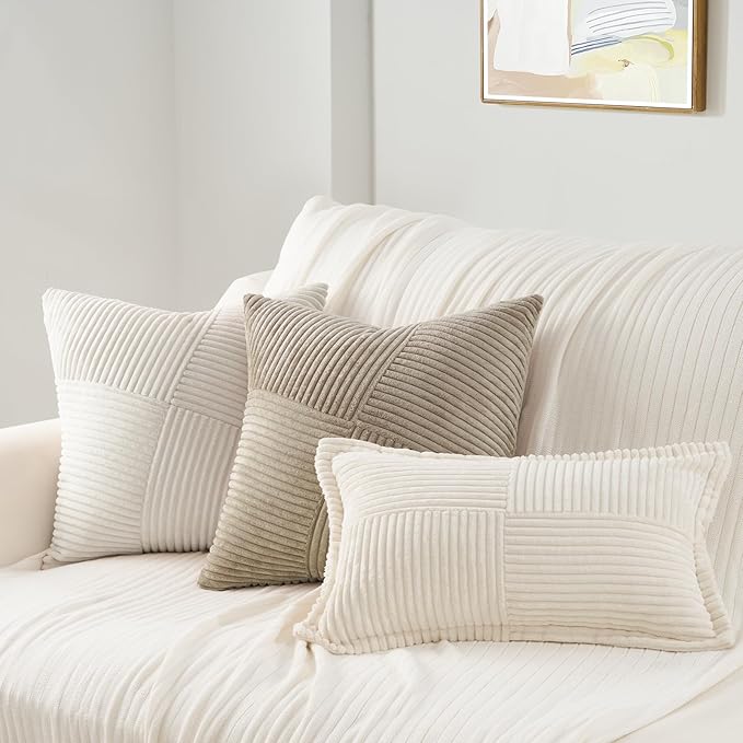 Topfinel 12x12 Inch Small Throw Pillow Covers Pack of 2 for Living Room Couch Bed Soft Corduroy Windmill Textured Boho Striped Patchwork Pillow Covers House Decor,Lightbrown