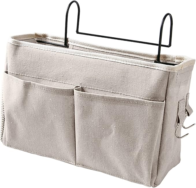Bedside Caddy,Hanging Bed Organizer Storage Bag Pocket for Dorm Rooms Bed Rails Nightstand Hanging Bag,Cotton Linen Bedside Storage Pocket Organizer Basket for Bunk Bed Dorm Rooms(White)