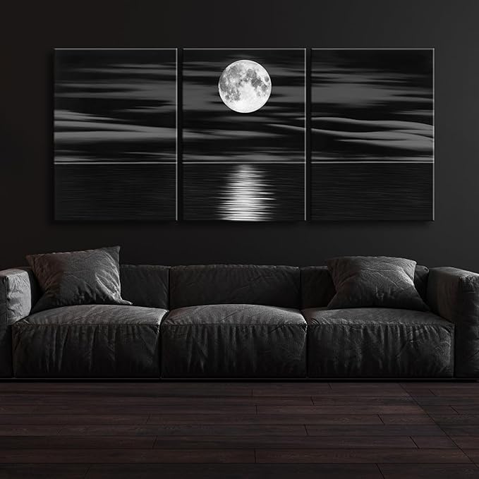 Wieco Art 3 Panel Sea White Full Moon in Night Canvas Print Wall Art Black and White Ocean Beach for Living Room Bedroom Kitchen Home Decorations Modern Abstract Artwork