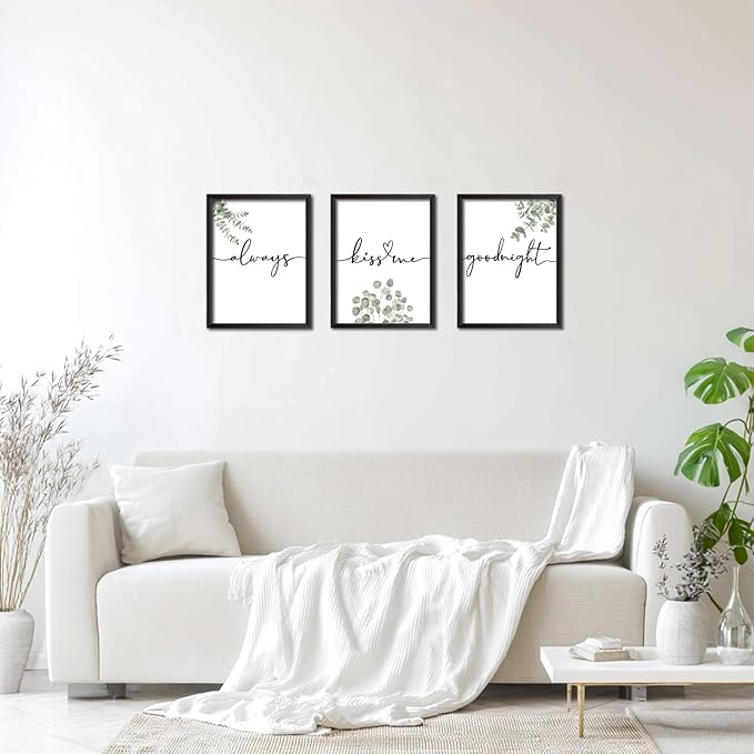 Always Kiss Me Goodnight Wall Art Framed Set of 3, Botanical Prints for Bedroom, Sage Green Eucalyptus Decor Above Bed, Love Theme Modern Couples Master Bedroom Wall Decorations 12x16 Inch