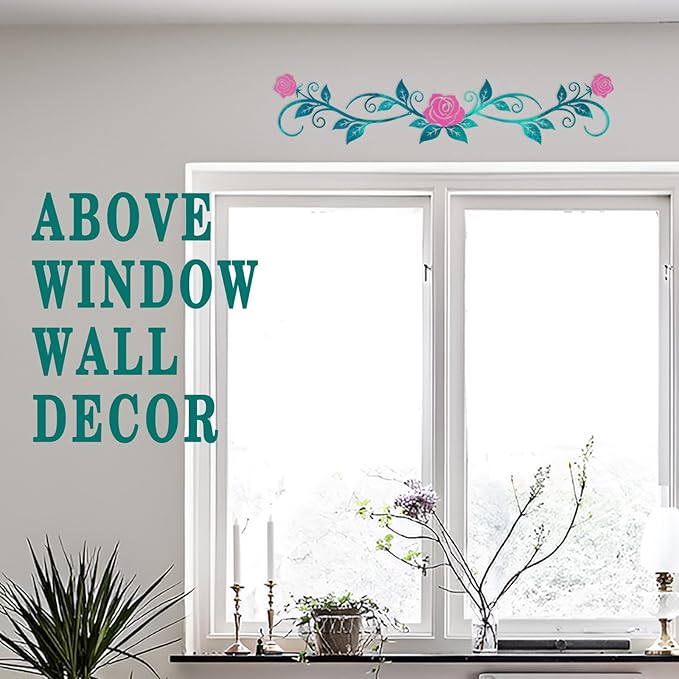 AHYS Metal Flowers Wall Decor Rustic Flat Rose Vine Wall Art for Farmhouse Home Living Room Bedroom for Above Door/Bed/Windows Decor (Cyan & Pink) - 29x6.3 Inches