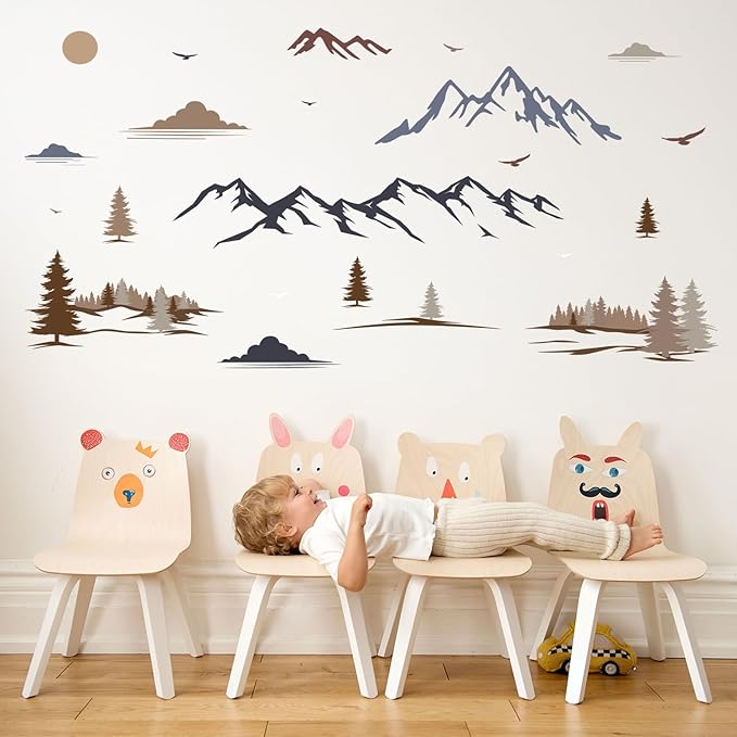 HLNIUC Big Mountain Wall Decal Peel and Stick 35”x16”Forest Nature Landscape Window Clings Mountain Ridge Pine Trees Removable Wall Stickers Art Geometric Mountains Room Decals for Living Room Bedroom