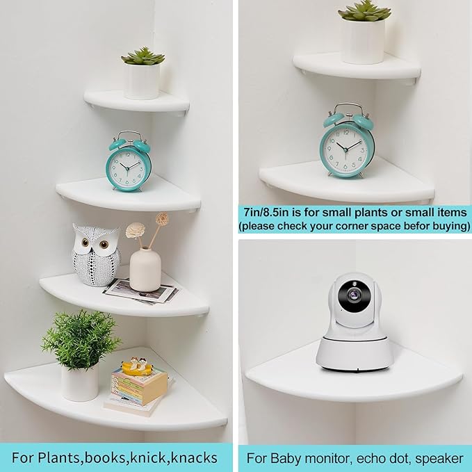 Corner Shelf, White Floating Corner Shelf, Set of 2 7inch Solid Oak Wood Corner Wall Shelves, Round End Wall Mount Display Shelf with Wire Hole for Small Plant for Bedroom Kitchen, Living Room