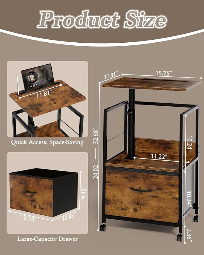 Swivel Lift Top Nightstand, 2-Tier 360° Adjustable Bedside Table, Rolling Night Stand with Wheels, Small End Table with Fabric Drawer, for Bedroom, Living Room, Rustic Brown